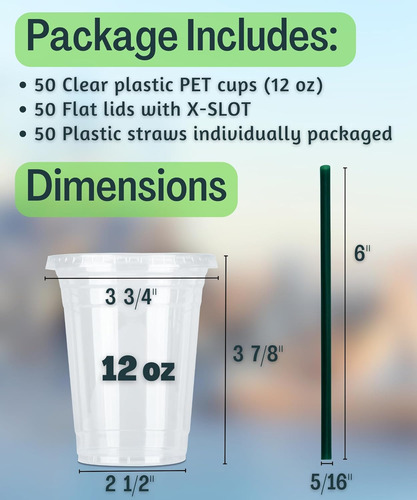 50 Tazas Transparentes 12oz Con Tapas Y Popotes