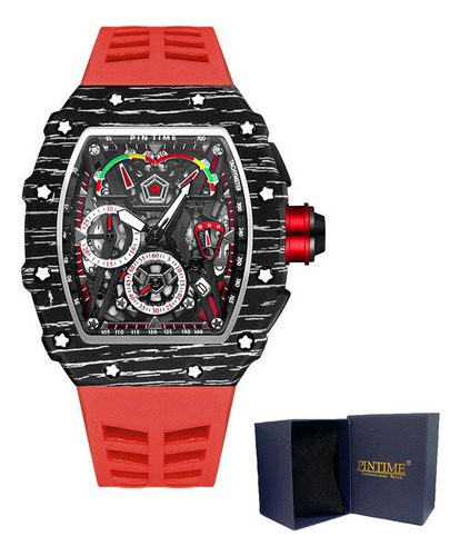 Reloj de pulsera Pintime 8132 de cuerpo color negro, analógico, para hombre, con correa de silicona color rojo y negro y hebilla enchufe