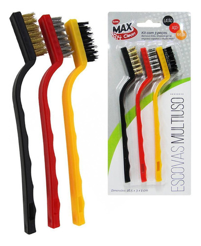 Escova De Aco / Nylon Cabo Plastico Max Clean Colors 3 Pecas