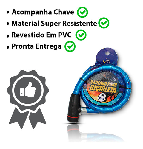 Imagem 2 de 7 de Cadeado Bike 80cm Azul Corrente Tranca Bicicleta Moto Estepe