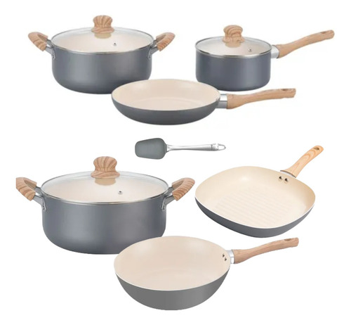 Set Hudson Gris Gray 8pz Cerámica Antidhe Bifera Olla 26 Wok