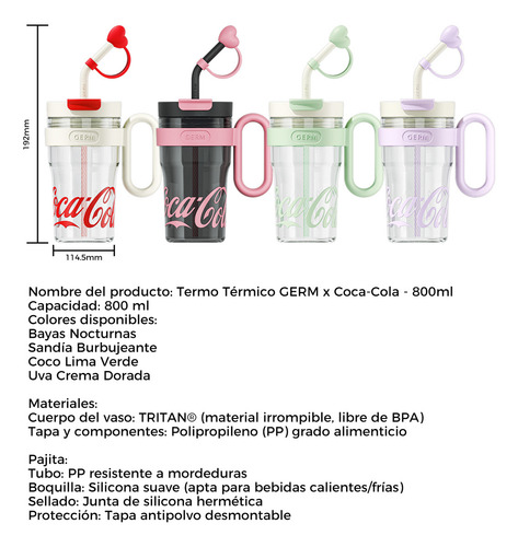 Cocacola Vaso De Plástico Transparente Con Tapa 800ml De Tritan Alimenticio Con Asa Y Popote Para Bebidas Frías Y Calientes Verde