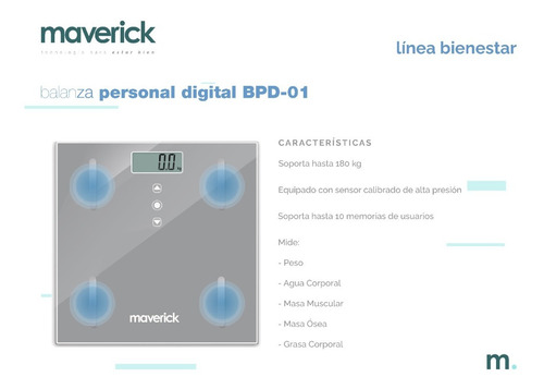 Imagen 2 de 6 de Balanza Personal Maverick Grasa Corporal Bpd01