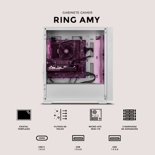 Gabinete Gamer XTREME PC GAMING Ring Amy Edition Mini Torre Micro ATX 4 Fan ARGB USB-C Cristal Templado Frente Intercambiable