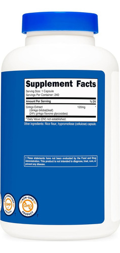 Ginkgo Biloba | 120 Mg 240 Cápsulas | Nutricost | Cognicion Sabor Sin Sabor