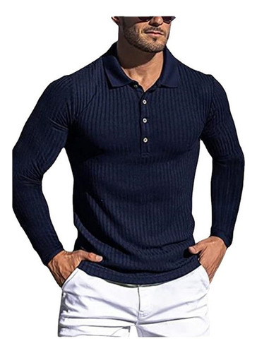 Polo Hombre Manga Larga Playera Elástica Alta Azul Marino