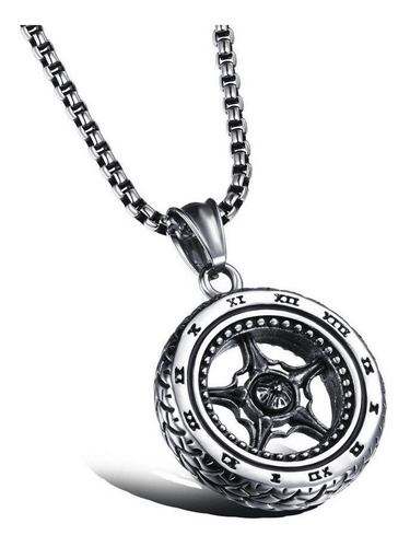 Imagen 1 de 2 de Collar Acero Hombre Colgante Dije Rueda Maciza Cadena