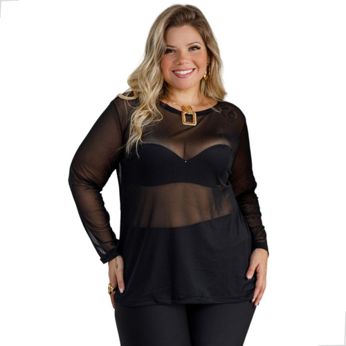 Blusa Em Tule Transparente Manga Longa Plus Size