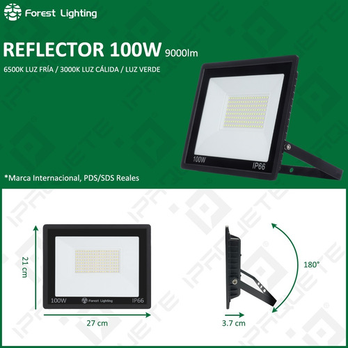 Imagen 5 de 7 de Reflector Led 100w Exterior Proyector Luz Fría Cálida Verde