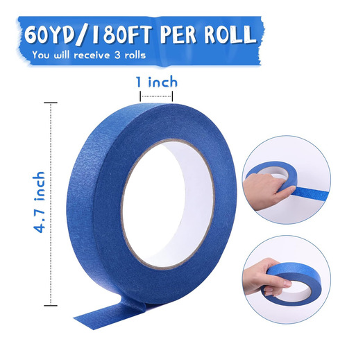 Cinta De Pintor Azul, 1 Pulgada X 60 Yardas X 3 Rollos,...