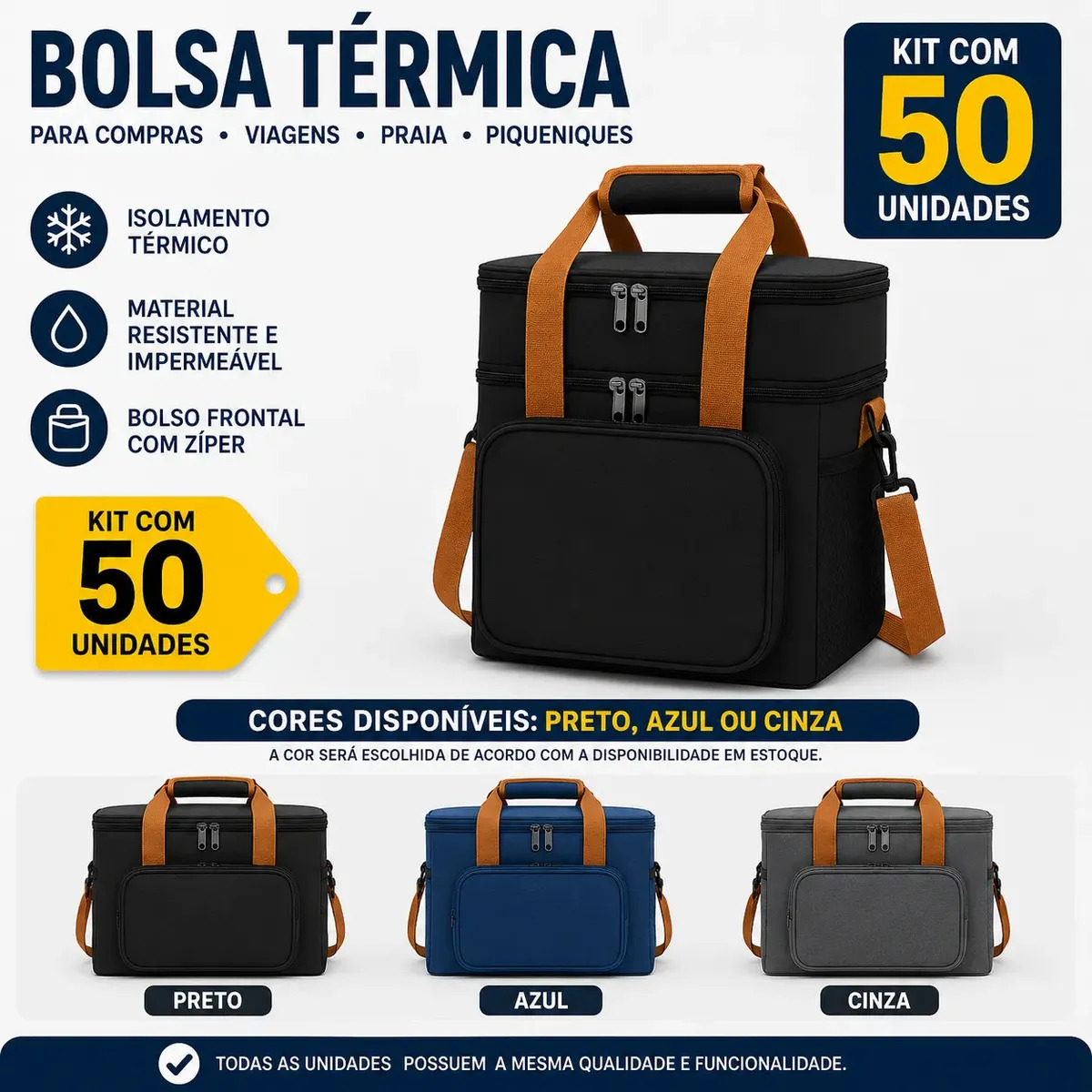 Kit 50 Bolsas Térmicas Tche Amo 13.5 L com Alça Transversal Removível para Marmita, Lancheira, Academia e Trabalho – Preto, Azul e Cinza