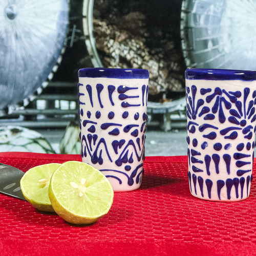 Mextequil -set 32 Caballitos Tequileros Talavera Encaje Azul Azul