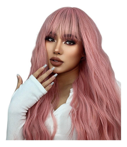 Peluca Cabello Fleco Pelo Rosa Larga Rizada Ondulada Cosplay