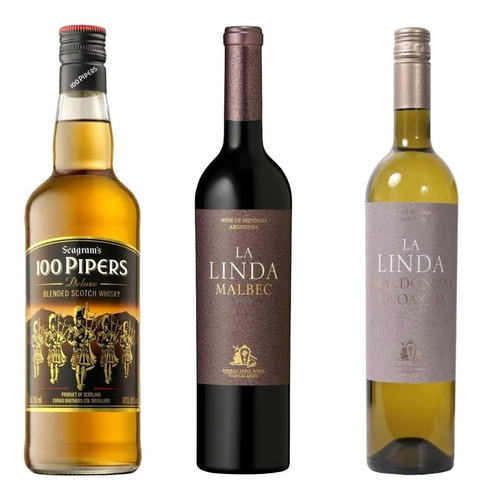 Whisky 100 Pipers + La Linda Malbec + La Linda Chardonnay