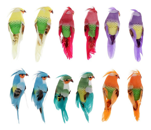 12 Piezas Loros Aves Artificiales De Plumas Pájaros De