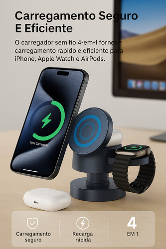 Carregador Sem Fio 4 Em 1 Para iPhone, Watch E AirPods 15w