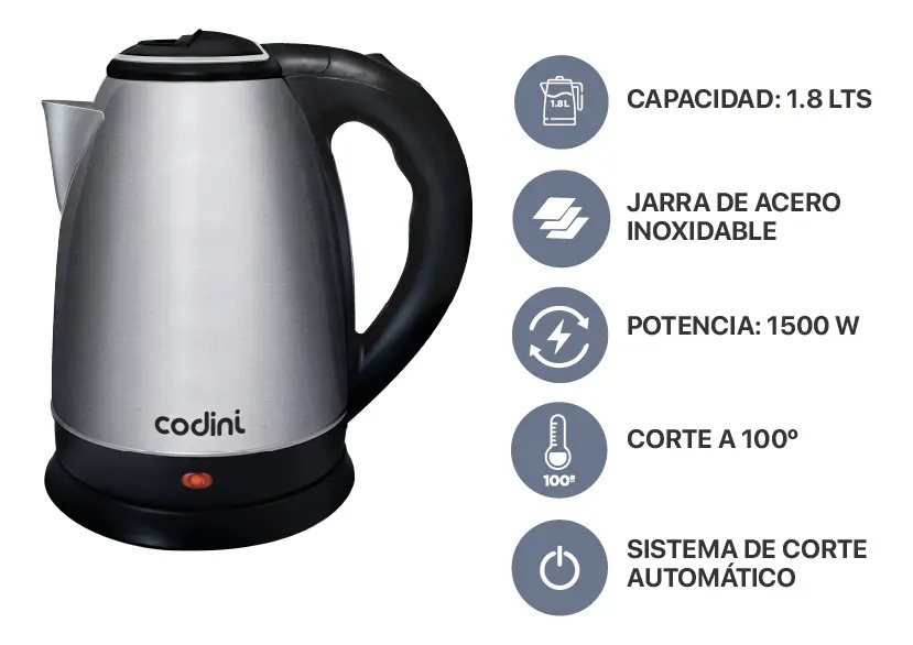Pava Eléctrica Codini P18han Acero Inoxidable 1.8lts Gris Gris Negro