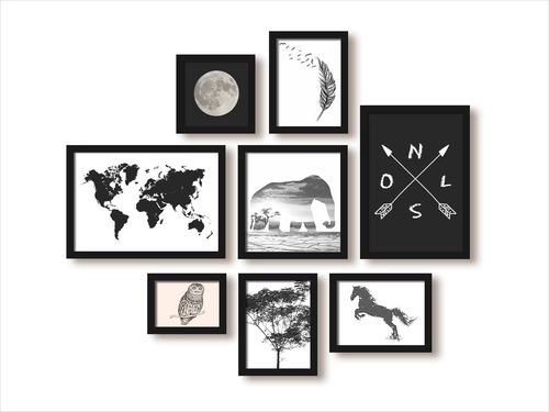 Conjunto Kit 7 Quadros Decorativos Mapa Elefante Lua Grande