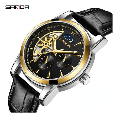 Relojes mecánicos de cuero Sanda Moon Phase, color de fondo negro/dorado