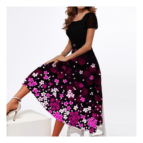 Elegant Women's Long Dress Printed Short Sleeves