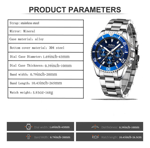 Reloj Biden Chronograph De Acero Inoxidable Impermeable Para