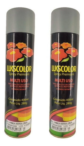 2 Tinta Spray Primer Rápido Cinza Lukscolor Multi Uso 400ml