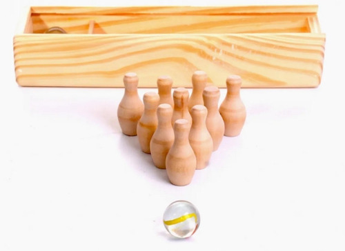 Imagen 4 de 10 de Minibowling Bolos 10 Pinos Y 4 Bolas 24mm Canica Caja Madera