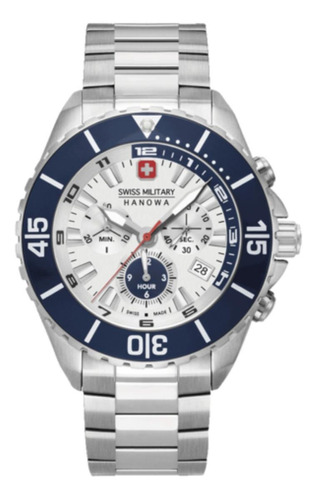 Relógio de pulso Swiss Military Hanowa Ambassador chrono com corria de aço inoxidável cor prateado - bisel azul