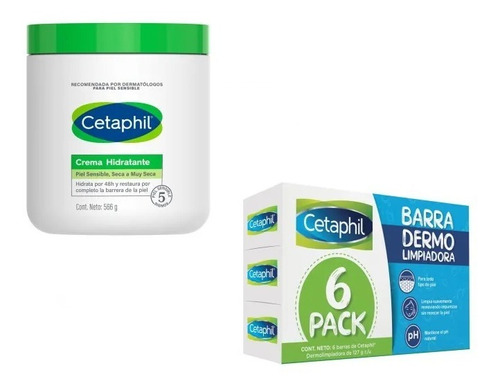 Jabón Barra 6 Pzas Y Crema Hidratante Cetaphil 566 G 