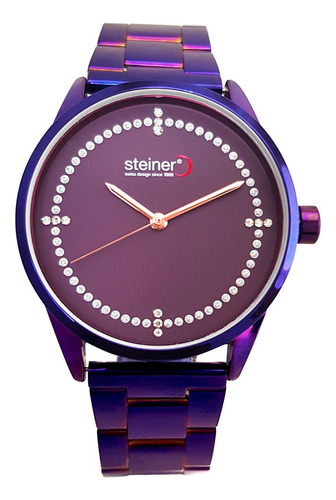 Reloj Steiner Análogo Extensible Acero Inoxidable 3atm Dama Correa Morado Bisel Gris Fondo Morado