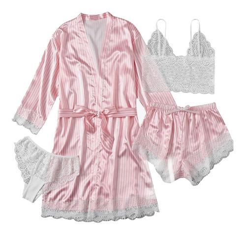 Pijama Satin Conjunto Sexy Encaje Ropa Para Dama  4 Piezas