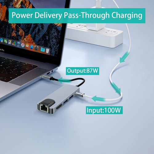 Imagen 7 de 10 de Adaptador Hub Usb C 5 En 1 A Hdmi, Rj45 Usb 3.0, Pd, Mac Win