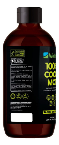 Wellthy Mct Oil 250ml 16 Porciones Ácido Caprílico 100% Puro Sabor Sin sabor