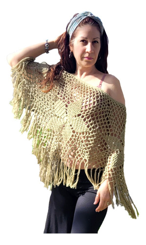 Poncho Manawee Mujer Boho Chic Tejido Crochet Con Flecos
