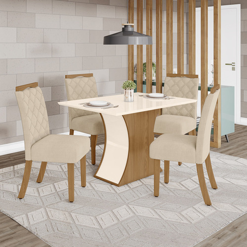 Conjunto Sala De Jantar Tampo Mdf 120 Cm 04 Cad Amélia Henn Cor Nature com Off White e Linho Desenho do tecido das cadeiras Encosto Bordado