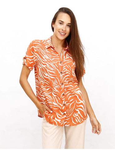 Camisa De Lino Manga Corta Estampada Para Mujer