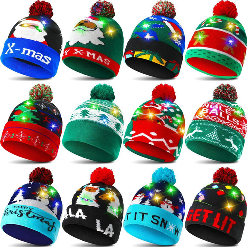 Liitrsh 12 Piezas Gorro Navidad Iluminado Suéter Punto Led Y