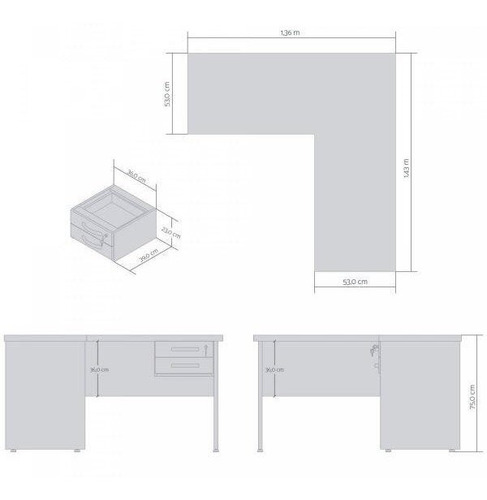 Mesa de oficina en forma de L con 2 cajones, 136 cm x 143 cm, parte superior Cwt