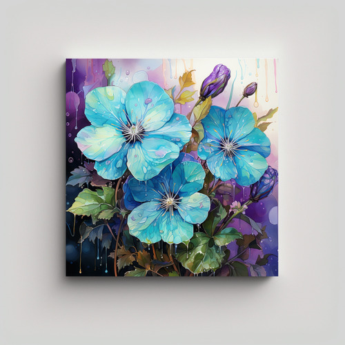 30x30cm Cuadro Abstracto Flores Violetas Y Turquesa Flores