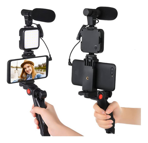 Kit De Grabación Vlogger Con Luz Microfono Tripode Y Control