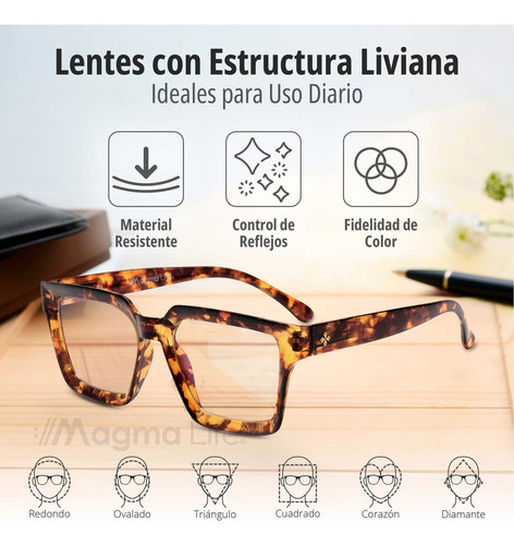 Set de 2 Lentes Para Computadora Magma Life con Filtro Antiluz Azul y Protección UV400 Ligeros, Resistentes, Sin Aumento, Incluye 2 Estuches Elegantes, diseño cuadrado ideal para todo tipo de rostro