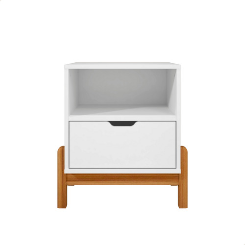 Mesa De Cabeceira Para Quarto Com Pés De Madeira E 1 Gaveta Acabamento Brilhante Cor Branco
