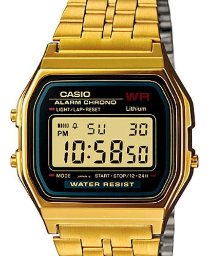 Relógio de pulso Casio Vintage A159 com corpo dourado,  digital, para sem gênero, fundo  preto, com correia de aço inoxidável cor dourado, subdials de cor preto, ponteiro de minutos/segundos preto, bisel cor dourado e fivela de gancho