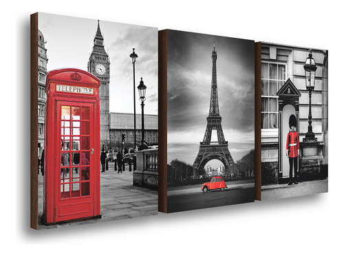 Kit 3 Quadros Decorativos Londres Paris 40x60cm Cidades Cor Colorido Cor da armação Marrom