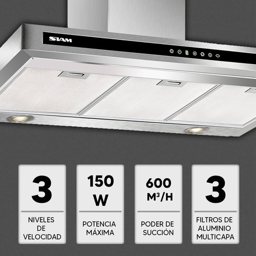 Extractor de cocina Siam Plana SI-CP-600EV ac. inox. de pared 60cm x 80cm x 50cm acero inoxidable 220V