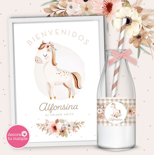 Kit Imprimible Caballito Boho Flores Acuarela