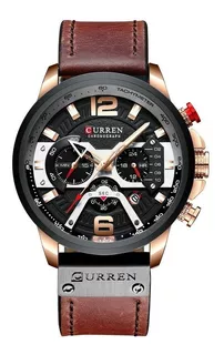 Reloj pulsera Curren 8329 de cuerpo color rosa, analógico, para hombre, fondo negro, con correa de cuero color marrón, agujas color rosa, rojo y blanco, dial rosa y blanco, subesferas color negro, min