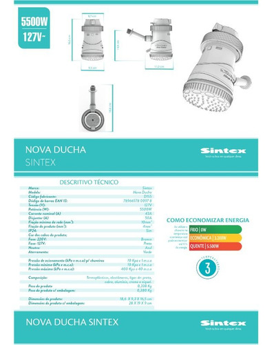 Chuveiro Nova Ducha Sintex D155 Branco 127v 5500w 3t C/ Cano