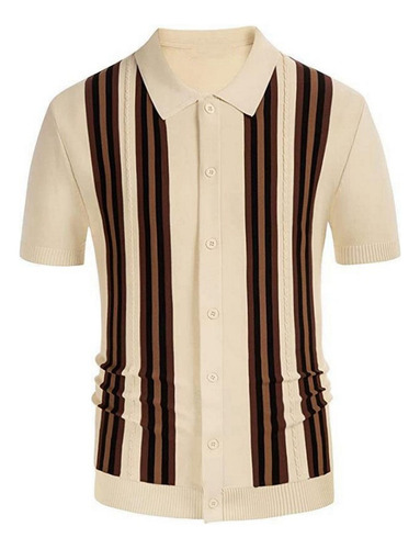 Camiseta De Polo De Punto Con Botones A Rayas Para Hombres