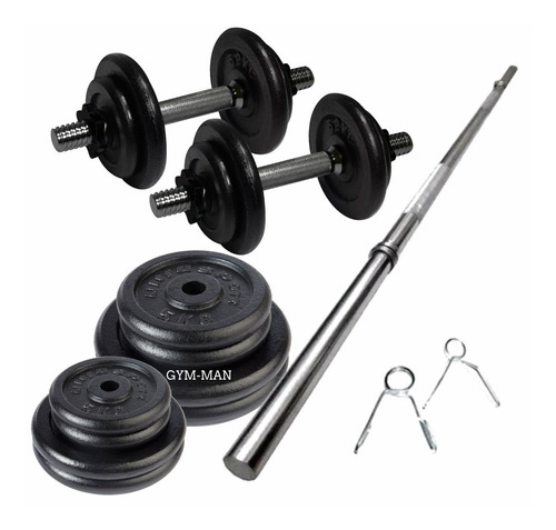 Set Barra 1.70 Mts Maciza + 2 Mancuernas + 40 Kg En Discos P